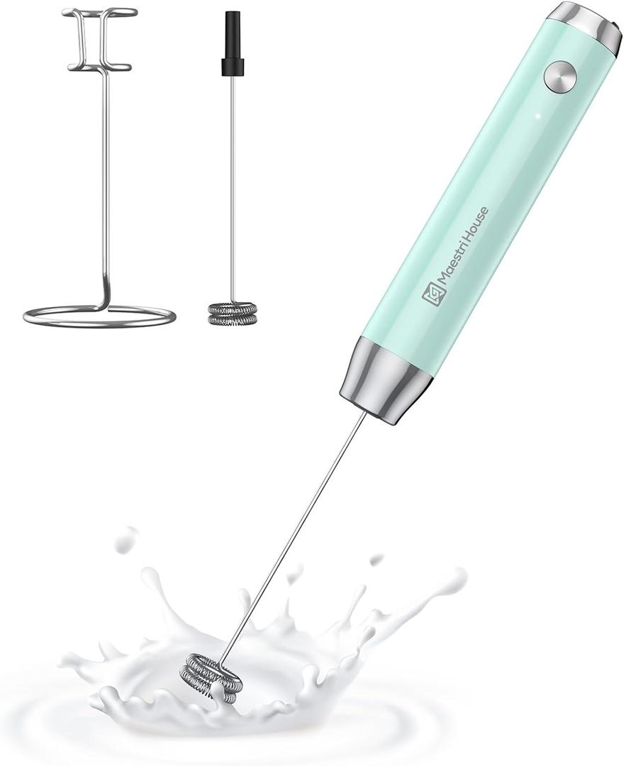 Maestri House Rechargeable Milk Frother with Stand, LunaFro Handheld Electric Foam Maker Waterproof Detachable Stainless Steel Whisk Drink Mixer Foamer for Lattes, Cappuccino (Blue)