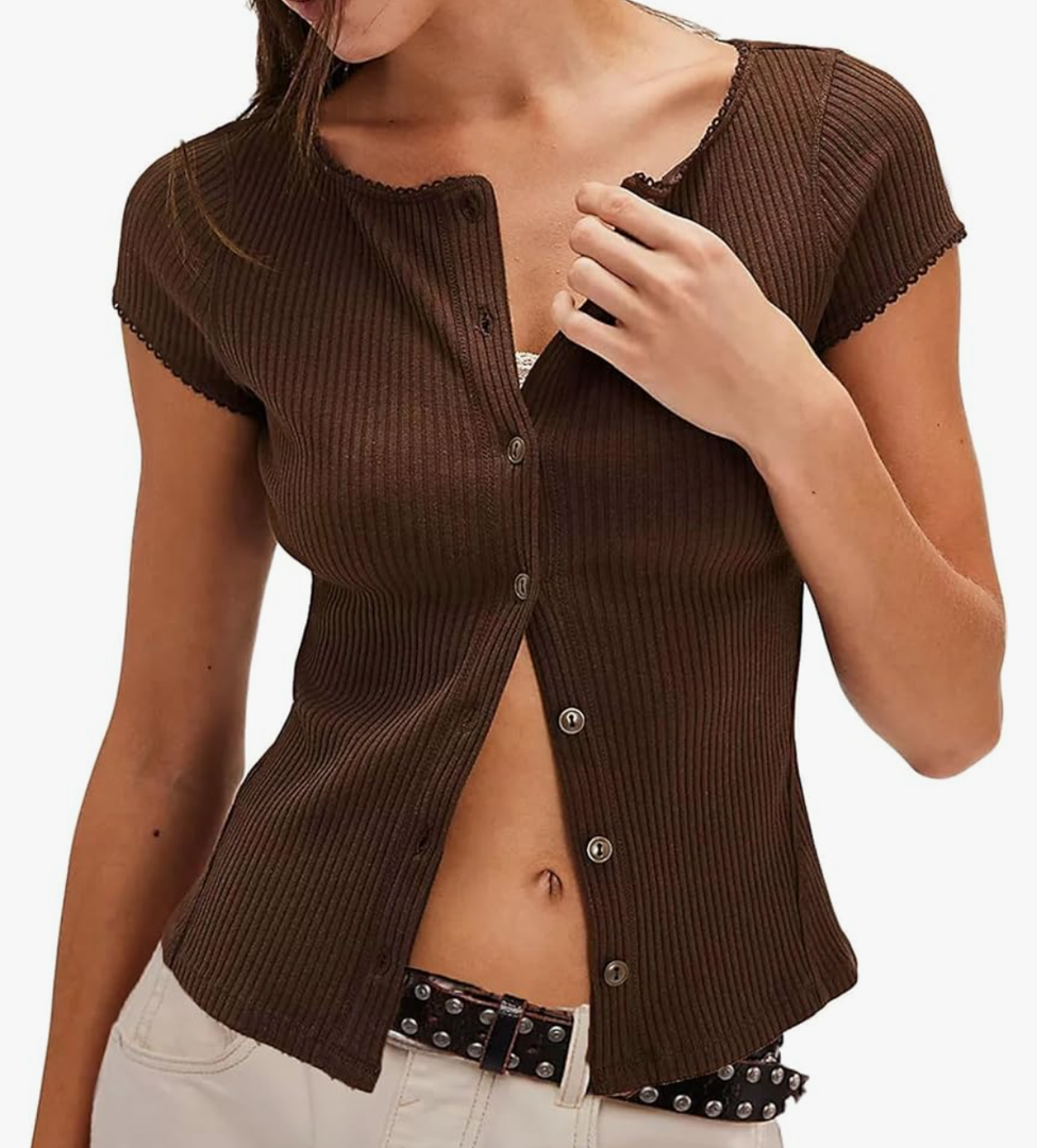 Womens Slim Fitted Shirts Short Sleeve Cardigan Button Down Blouses Y2k Ribbed Tops Size S