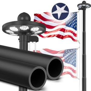 Upgraded 10 Gauge Heavy Duty Flag Pole Kit 25FT with 136 LED Solar Light, 120 MPH Extra Thick Flagpole for Outside House in Ground, Bottom 3 mm Thick & Width 3.35 in, 3x5 USA Flag