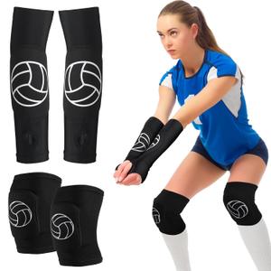 Hungdao 1 Set Volleyball Knee Pad and Arm Sleeve Volleyball Accessories Stuff Forearm Elbow Sleeve Wrist Guard with Protection Pad and Thumb Hole for Women Men Adult Teen Above 12 Years Old(Stylish)