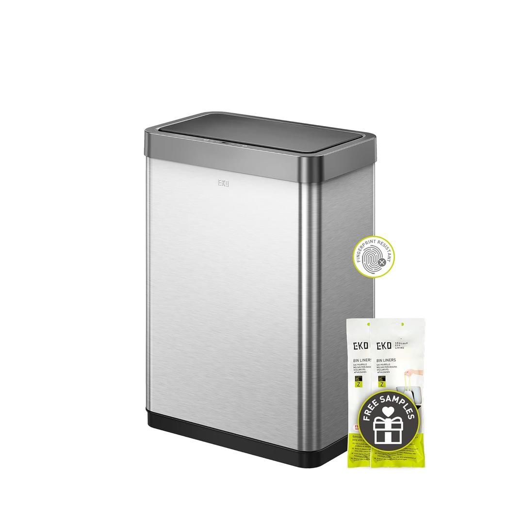 EKO Mirage-X 47 Liter / 12.4 Gallon Touchless Rectangular Motion Sensor Can with Removable Liner, Brushed Stainless Steel Finish