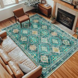 6x9 Rugs Moroccan Trellis Area Rugs Thickened Machine Washable Carpet with Non-Slip Backing for Living Room Bedroom and Home Office Teal/Yellow/Gray