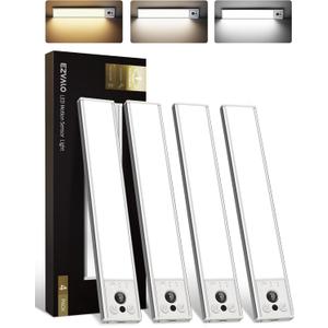 EZVALO 4-Pack Under Cabinet Lights, 2400mAh Rechargeable Motion Sensor Light Indoor, Wireless Closet Lights, with 3 Color Temps, Dimmable, Magnetic, Under Counter Lights for Kitchen, Stairs (8-inch) (White)
