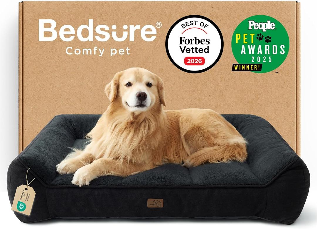 Bedsure SupportMax XL Plus Orthopedic Dog Beds Large Sized Dog - Extra Thick Supportive Dogs Couch with Waterproof Washable Cover, Jumbo Comfort Pet Sofa with Soft Sherpa & Nonskid Bottom, Black, 48"