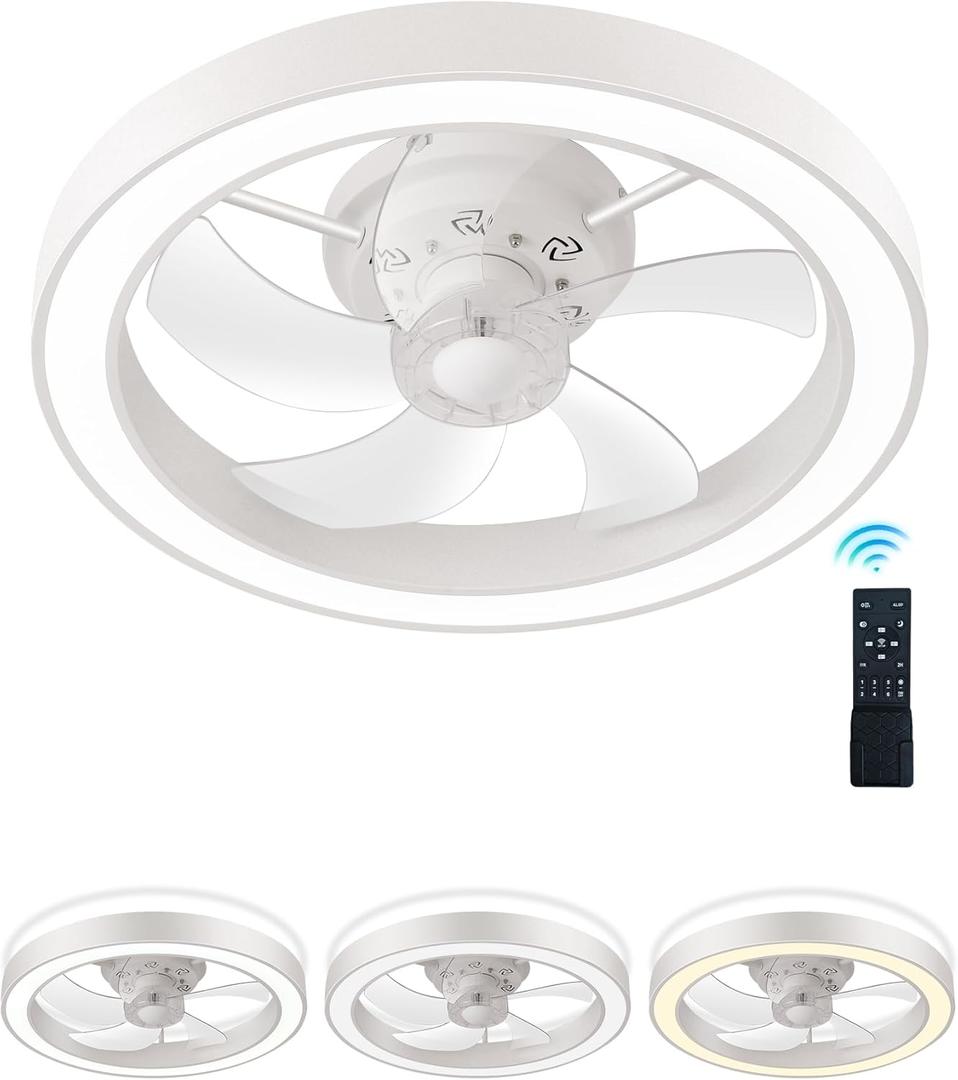 Flush Mount Ceiling Fan with Lights and Remote, Minimalist 20 inches Dimmable Low Profile Ceiling Fan, Matches Any Interior, Stepless Color Temperature Change, and 6 Speeds - White