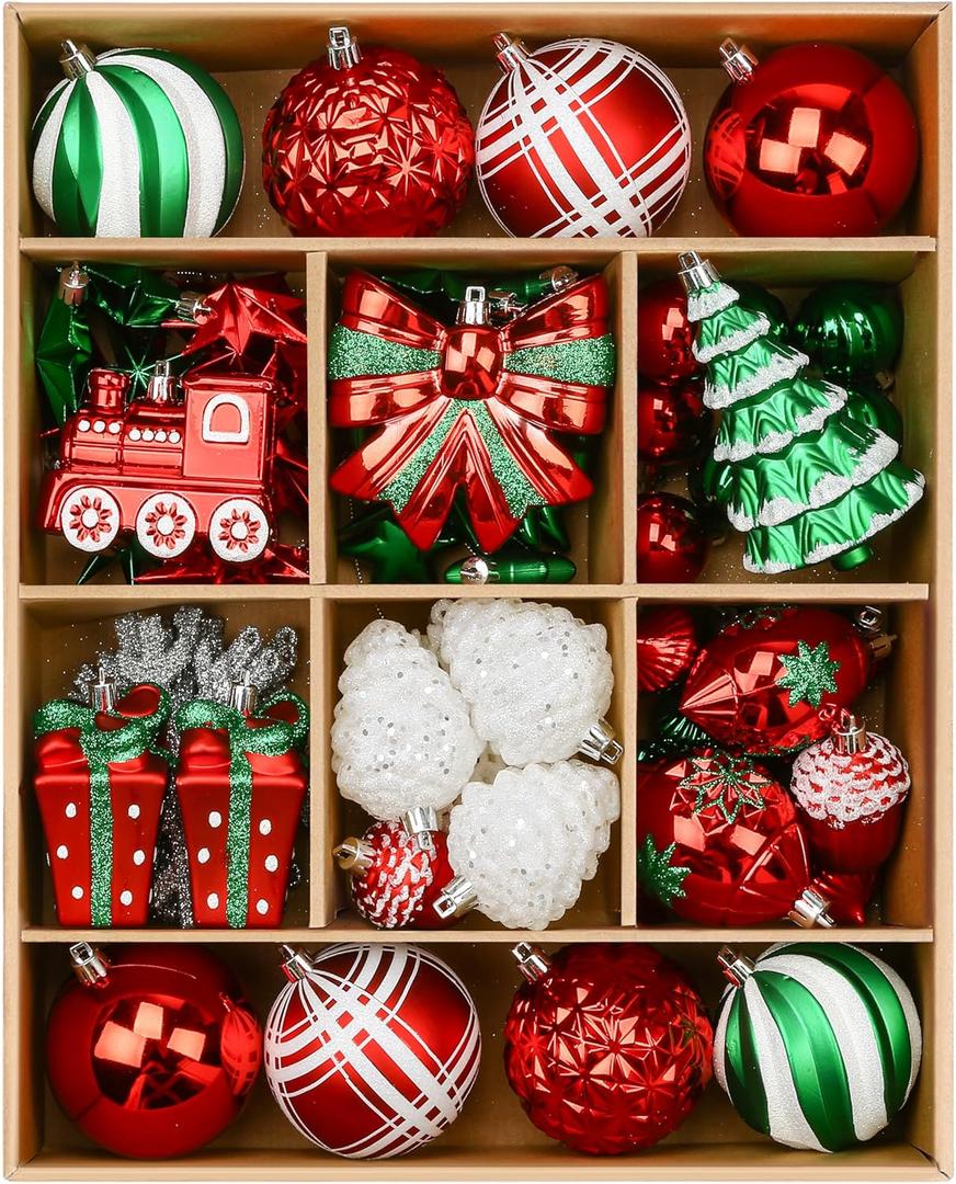 Alupssuc 82pcs Christmas Balls Ornaments Set, Delightful Classic Gift Set, Shatterproof Plastic Decor for Xmas Tree Holiday Wedding Party Decorations with Hanging Strings, Red, Green and White