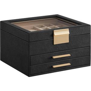 SONGMICS GISELLA Collection - Jewelry Box Organizer, 3-Layer Jewelry Storage with 2 Drawers, Shiny Metal Hardware, Glass Lid, Modern, 8 x 9.1 x 5.3 Inches, Ink Black and Gold Color UJBC239B03