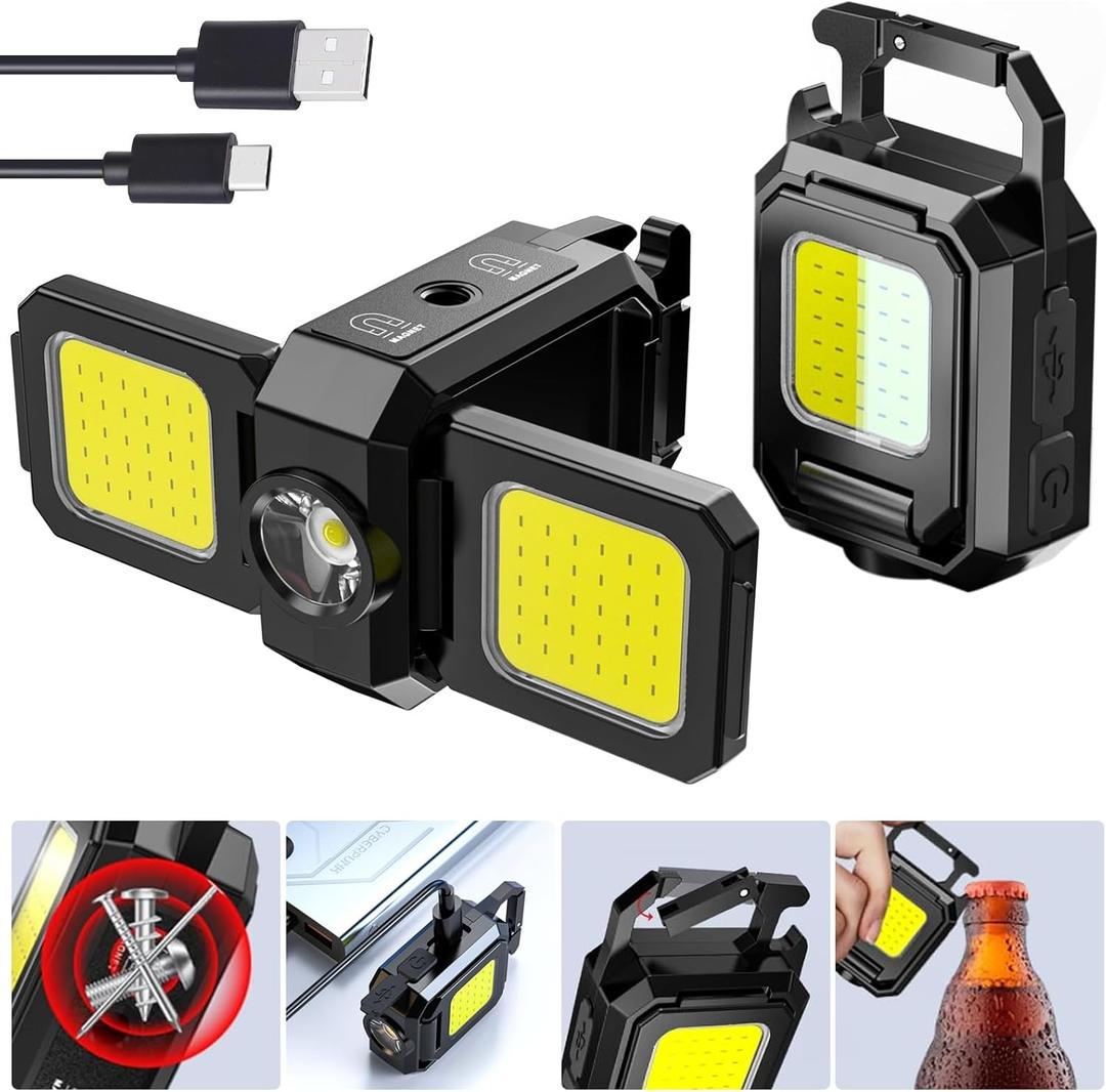 SEFONE Upgrade 2Pcs Cob Keychain Work Light 5 Modes, 90 Foldable Lamp, 1000 Lumens Rechargeable Mini Flashlight with Bottle Opener Magnet for Outdoor Camping Fishing Hiking, Gifts to My Man (Yellow)