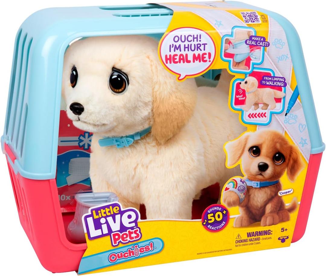 Little Live Pets Ouchies Cooper The Retriever Puppy, 50+ Sounds, Limping to Walking Puppy Toy with Vet Carrier, Interactive Toy Dog for Kids Ages 5+