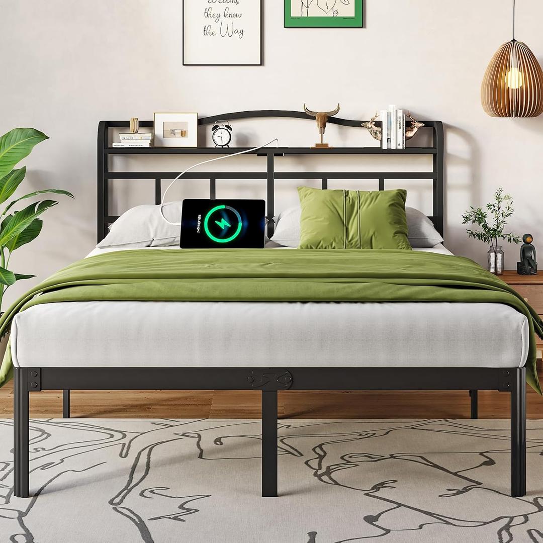 Queen Bed Frame - Queen Bed Frame with Headboard and USB & Type C Charging Station, Heavy Duty Metal Bed Frame No Box Spring Needed with Ample Storage Space - Easy Assembly and Noise Free