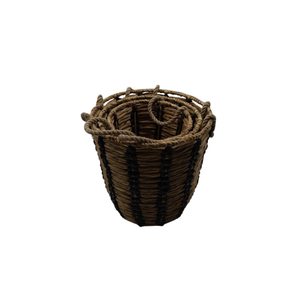 Set of 3 Handwoven Storage Baskets Made from natural Fibers with Black Accents and Rope Handles.
