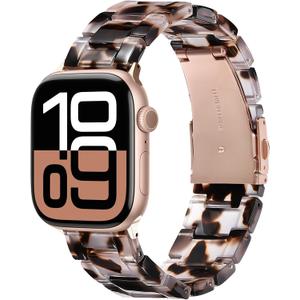 V-MORO Resin Strap Compatible with Apple Watch Series 11/10/9/8/7 40mm 41mm 42mm 38mm Lightweight Fashion Wristband Bracelet for iWatch Series 6/5/4/3/2/1 with Rose Gold Buckle Clear Tortoise