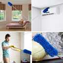 ZZ LAZYCOTTAGE Cobweb Duster with Extension Pole, Washable Cleaning Duster Kit with 2 Duster Heads, Cobweb Duster, Corner Brush, Aluminum Telescoping Pole for Ceiling Fan (Blue)