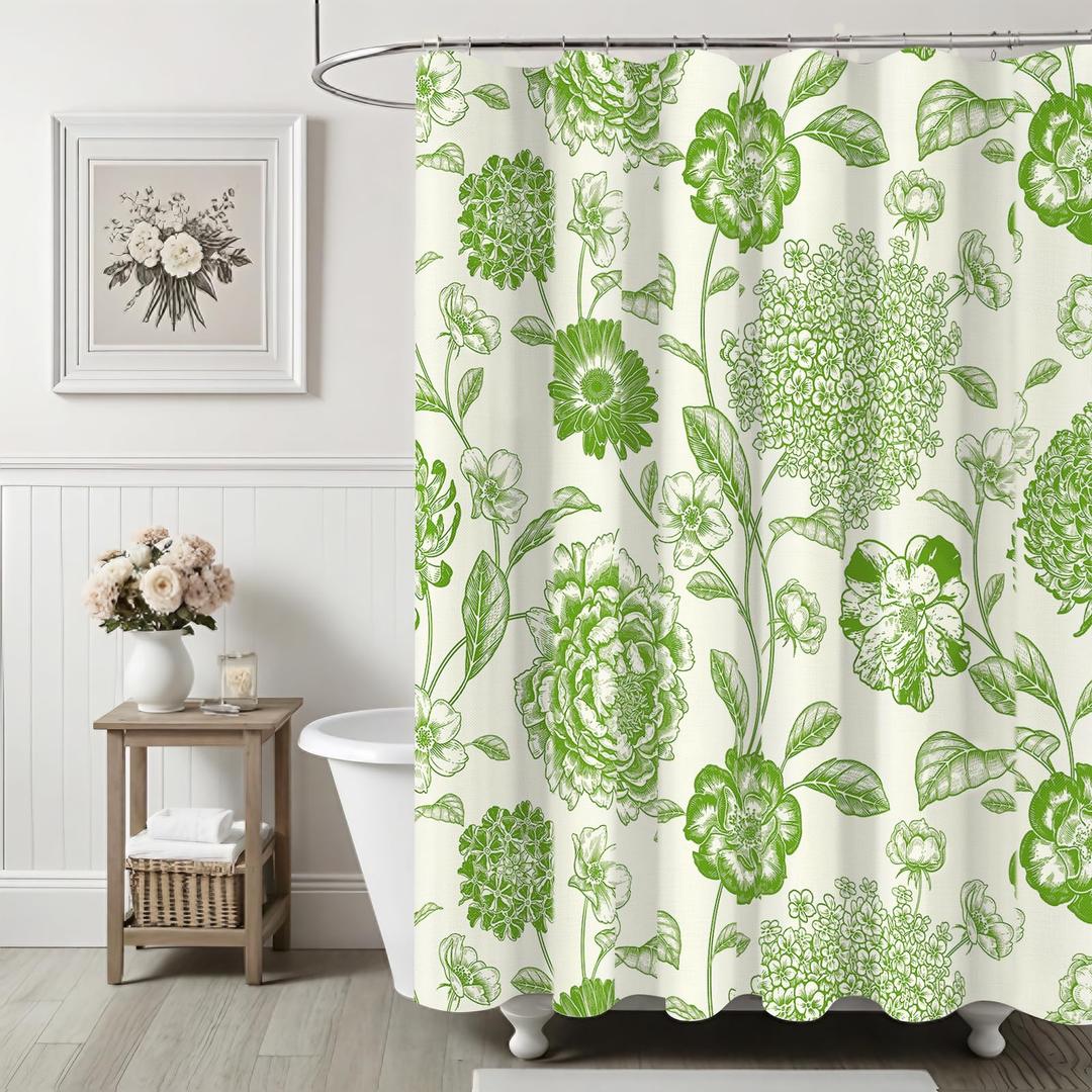Ksriylm Green Linen Cotton Waterproof Shower Curtain, Farmhouse Gorgeous Floral Shower Curtains for Bathroom Decor, Sage Green Chic Fabric Cloth Flower Leaves Shower Curtain 72" W x 72" L
