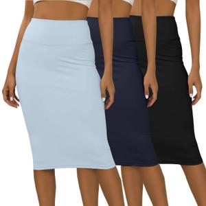 3 x Real Essentials 3 Pack: Womens Soft Midi Skirt – High Waisted Pencil Work Office Business Casual Skirts with Back Slit Plus (Blue, XXXL)