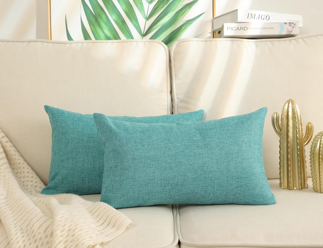 Stellhome Burlap Throw Pillow Covers Textured Farmhouse Linen Pillowcase for Bed Couch Sofa Bench Rustic Pillows Neutral Accent Cushion Cases Set of 2, 12 x 20 inch (30 x 50 cm), Blue Green