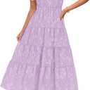 ZESICA Womens 2025 Summer Puff Short Sleeve Midi Dress Floral V Neck Textured Ruffle Flowy Beach Party Dresses (Medium, Purple)