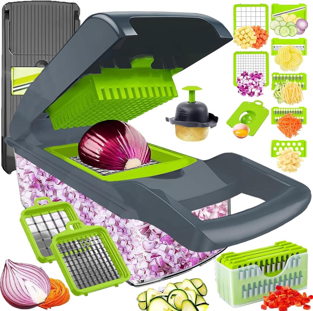 Pro-Series 16-in-1 Vegetable Chopper, Dewpeton Mandoline Slicer, Veggie Chopper, Food Chopper with Container, Vegetable Cutter & Spiralizer for Onion Salad (Home Essential Gadget & Kitchen) (8 Blades, Gray)