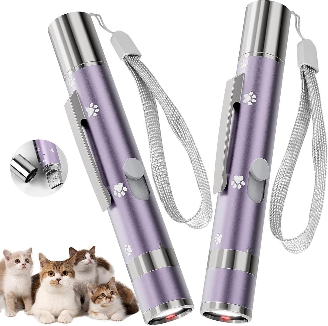 Bird Toy, 2 Pieces, Distinctive Purple Painted Metal Casing with Paw Print Design, Rechargeable, 3 Light Modes & 5 Adjustable Patterns, Interactive Chase Toy for Indoor Cats Training & Exercise