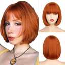WERD Short Orange Bob Wig with bangs for Women,Ginger Orange Bob WIig with Bangs, Straight Natural Synthetic Wig for Halloween Cosplay Party Use