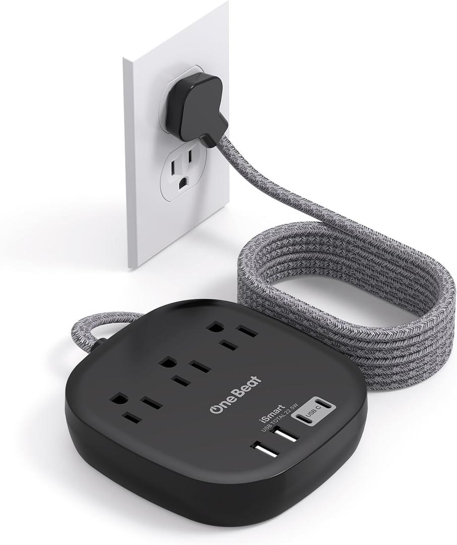 Flat Plug Power Strip, 5ft Ultra Flat Extension Cord - 3 Outlets 4 USB Ports (2 USB C) 22.5W/4.5A Desktop Charging Station, No Surge Protection for Cruise Ship, Dorm Room Travel Essentials