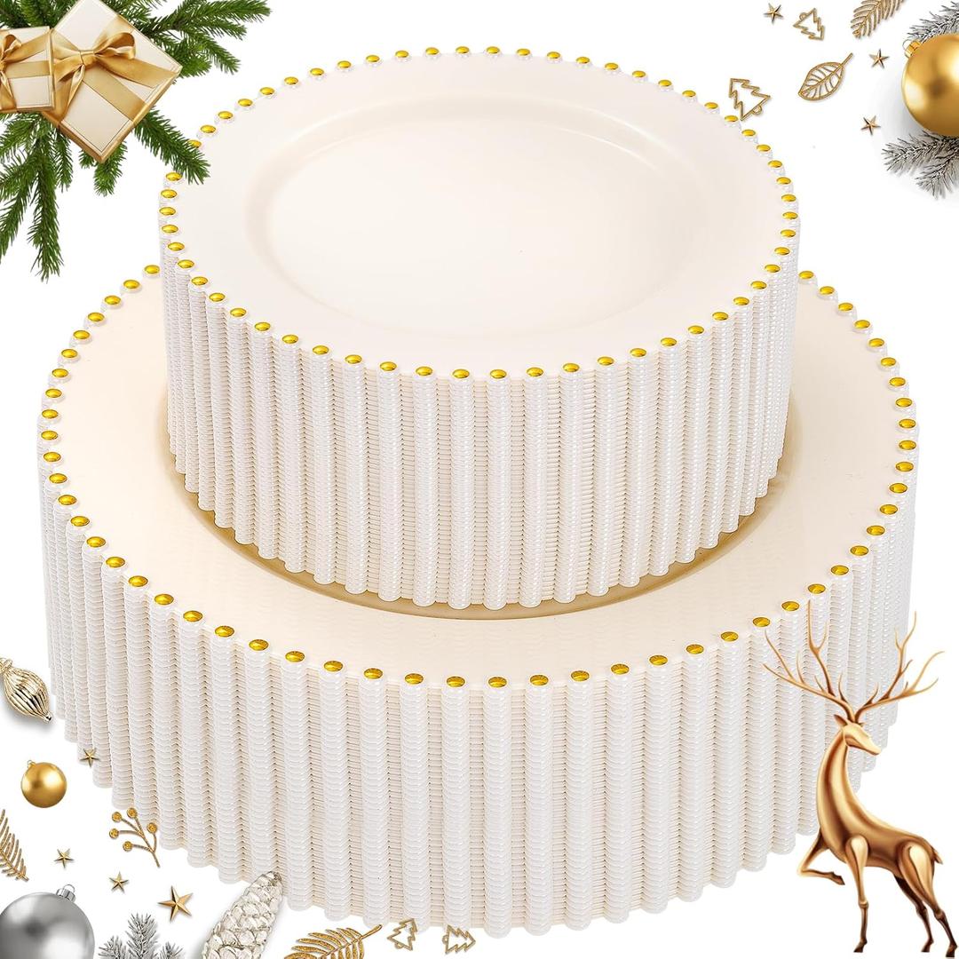 supernal 100pcs Ivory Plastic Plates with Gold Beads - Heavy Duty Christmas Disposable Plates Set Include 50 Cream Plastic Dinner Plate and 50 Dessert Plate Perfect for Wedding & Christmas Party