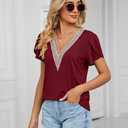 Cap Sleeve Summer Tops for Women Trendy Floral Print Casual V Neck T Shirts Petal Sleeve Blouses (Red, M)
