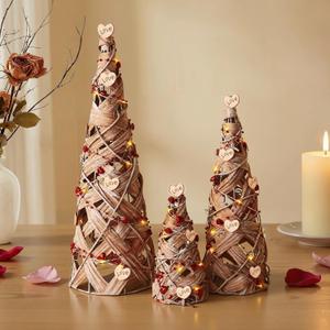 Valentines Tree Table Decor, 3 Pcs Rustic Rattan Cone Trees with Hearts Tabs Lights (Battery Not Included), Handmade Vintage Natural Lighted Galentines Day Decorations for Home Indoor Gift
