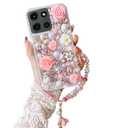 for Moto G 2025/2026,G Play 2026 Bling Case Luxury Cute Diamond Glitter Crystal Rhinestone 3D Rose Flowers Pearl Handmade Phone Cover for Women Girls with Wrist Strap,Pink