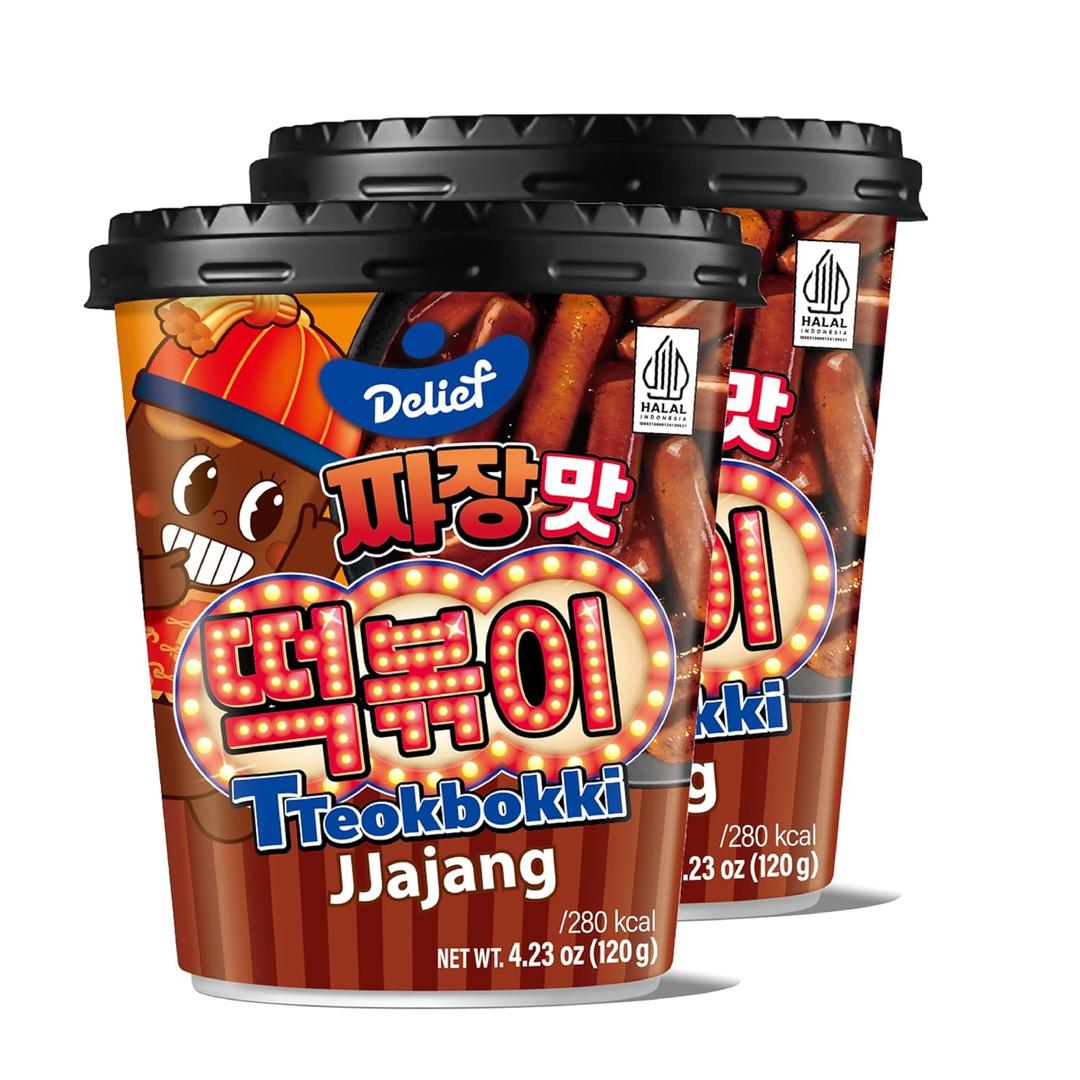 DELIEF Tteokbokki Cup Jjajang Flavor 4.23oz(120g) Korean Street Food Korea Instant Rice Cake Snack, 2 Packs