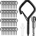 42 Pcs Screw Hooks for Outdoor String Lights, Q-Hanger Hook with Safety Buckle, Patio Wall Ceilling Square Eye Cup Hook for Hanging Plant Pots Christmas Decor Wire Fairy Led, Wind Nut Driver, Black