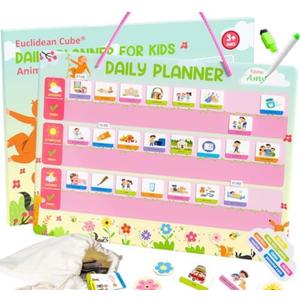 Daily Planner for Kids - Magnetic Behavior Board Calendar with 195 Magnets, Storage Bag, Cord & Pen - Daily Routine and Chore Chart - Visual Schedule for Kids 3+ Year Old (Animal Theme)