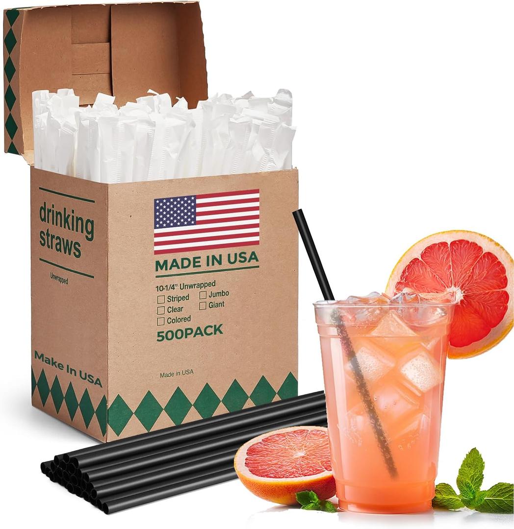 Glotoch Express 500 PCS Individually Wrapped Black Plastic Straws, 10.25'' Long, 0.24'' Diameter Disposable Drinking Straws for Every Occasion, Party, Made in USA