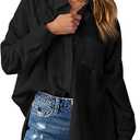 AISEW Womens Casual Button Down V Neck Shirts Raglan Long Sleeve Loose Fit Collared Work Blouses Tops with Pocket, Blue, M