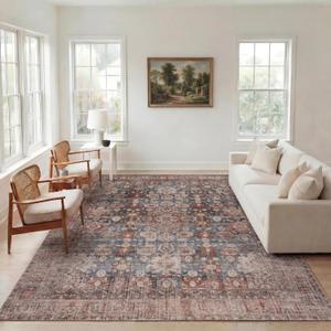 Kuden 9x12 Large Area Rug, Machine Washable Area Rug with Non-Slip Backing, Vintage Style, Soft, Easy Clean, Low Pile Rug for Living Room, Bedroom, Dining Room (Blue / Red / Beige)