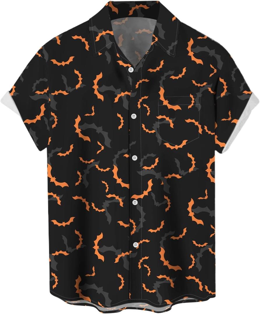 WHO IN SHOP Men's Halloween Shirts Cute Scary Horror Short Sleeve Button Up Shirt (X-Large)