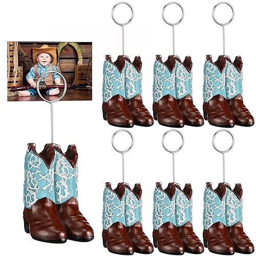 Tatuo 6 Pcs Cowboy Boots Table Number Holders Cute Photo Balloon Place Card Holder Cute Table Number Stands Picture Menu Memo Clips for Food Signs Party Wedding Anniversary Decorations (Blue)