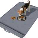 Dog Food Mat with Collection Pocket, 42''x28'' Extra Large Silicone Pet Feeding Mat for Food and Water, Waterproof Anti-Slip Dog Mat with Edge and Handle, Pet Placement for Floor (Dark Grey)