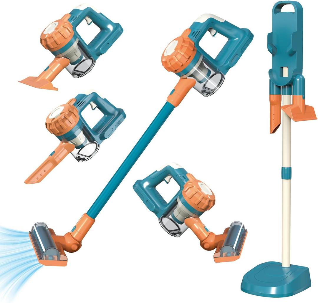 3-In-1 Kids Vacuum That Really Works Working Toddler Vacuum Cleaner with Real Suction, Montessori Pretend Play Cleaning Toy Gift Set for Boys and Girls Ages 3+ (Blue)