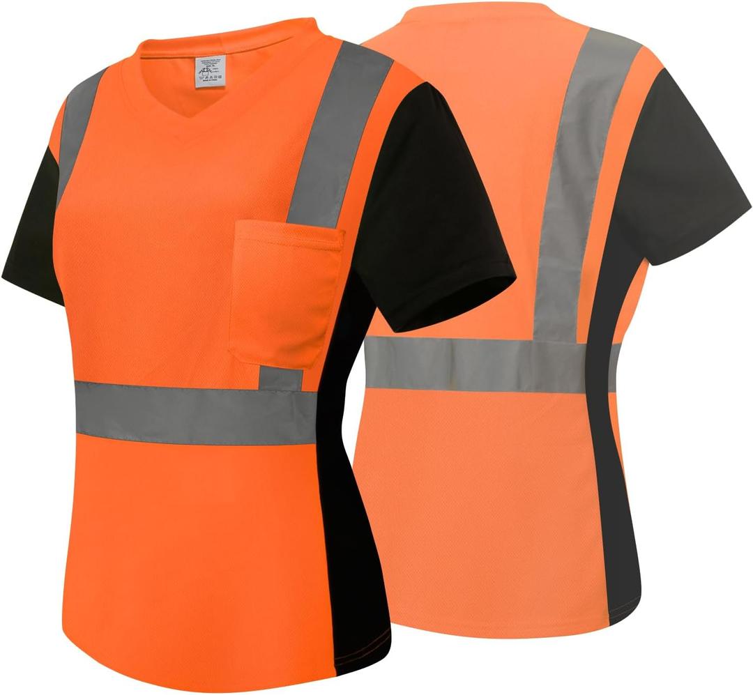 Safety Shirts for Women Class 3 High Visibility Shirts with Black Bottom, Hi Vis Reflective Shirts for Women, Short Sleeve Construction Work Shirts, Breathable, WDXJ-Orange, S