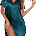 Ekouaer Women's Satin Nightshirt Button Down Sleepshirt Silk Short Sleeve Nightgown V Neck Sleepwear Night Shirts (XX-Large, Blue)