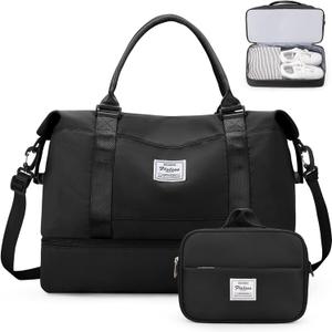 Weekender Bags for Women,Personal Item Travel Bag with Shoes Compartment,Overnight Travel Duffel Bag with Toiletry Bag (Large, Black)
