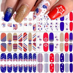 6Sheets 4th of July Patriotic Independence Day Nail Wraps: Self-Adhesive Semi Cured Gel Strips - American Memorial Day DIY Full Wraps for Nail Tips