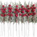 Artificial Pine Branches Red Berry Stems Fake Christmas Greenery Pine Picks for Tree Wreath DIY Home Garden Decor (Red, 40Pcs)