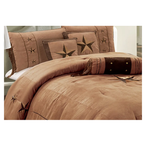 Grand Linen 7 Piece Western Decor Lodge Oversize King Comforter Set Taupe/Brown - Embroidered Lone Star Barbed Wire Micro Suede Bedding