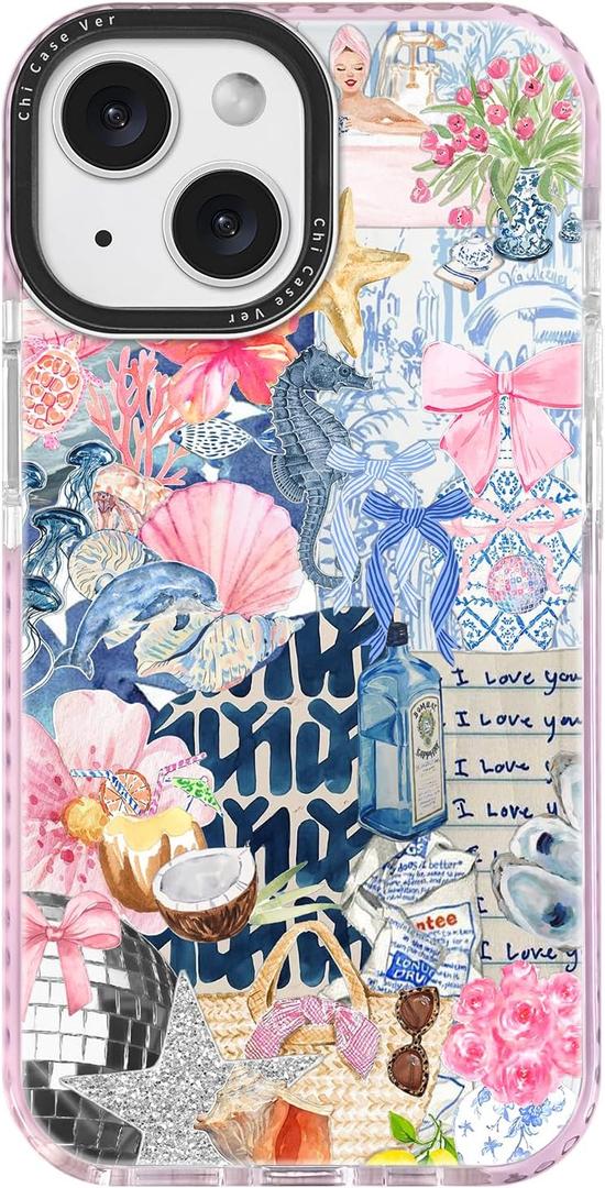 for iPhone 14 Plus Case, Coastal Romantic Y2K Design with Military-Grade Drop Protection, Romantic Ocean Theme Ocean Theme TPU Cover with 1.5mm Camera Protection for Women Girls