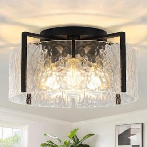 16" Black Semi-Flush Mount Ceiling Light, 4-Light Modern Hammered Glass Drum Fixture, Dimmable E26 Socket, Indoor Lighting for Bedroom Hallway Entryway Kitchen Foyer Living Room Laundry Decor