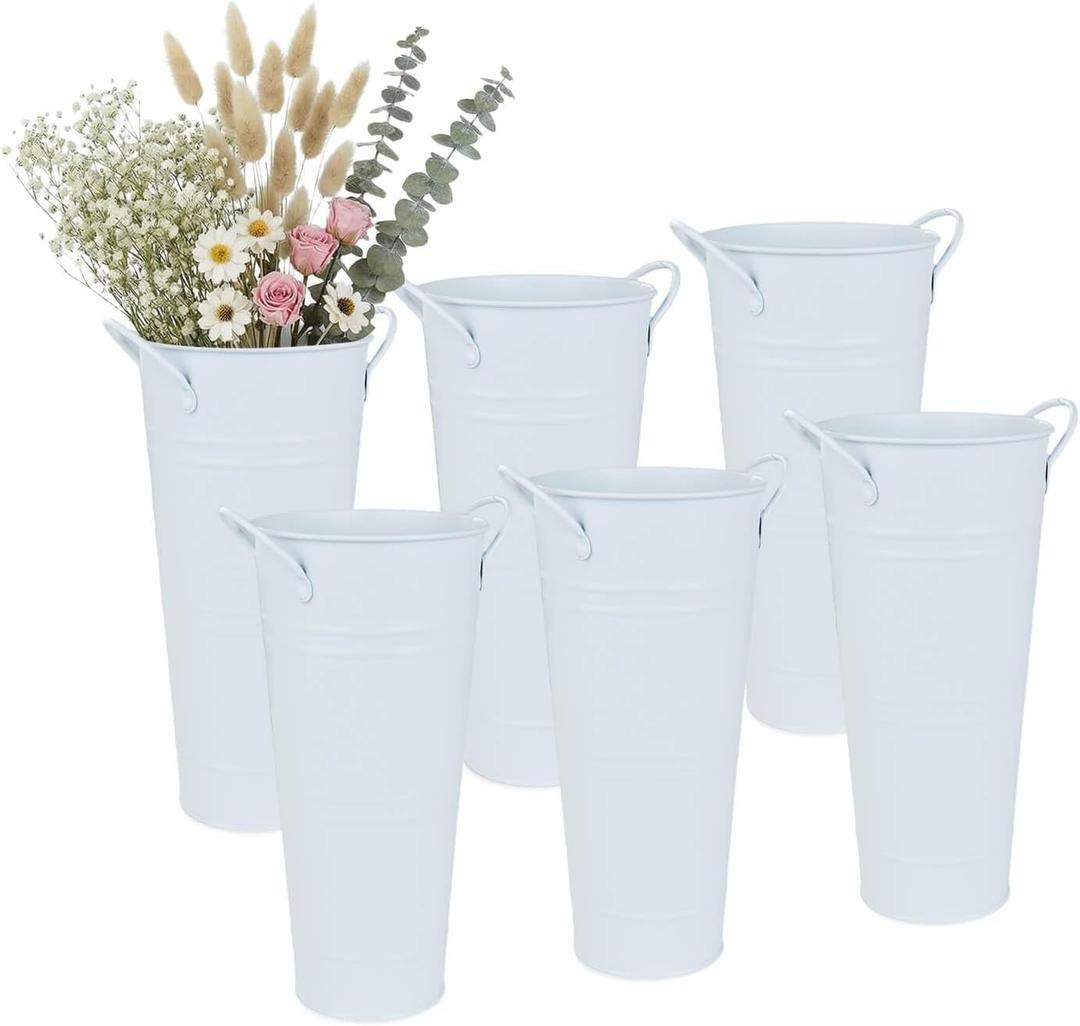 vensovo 9" Tall Galvanized Flower Bucket, 6 Pcs French Metal Vases with Handles, Tabletop Rustic Floral Buckets for Dried Flowers, Wedding Flower Bar & Home Decor, Pure White