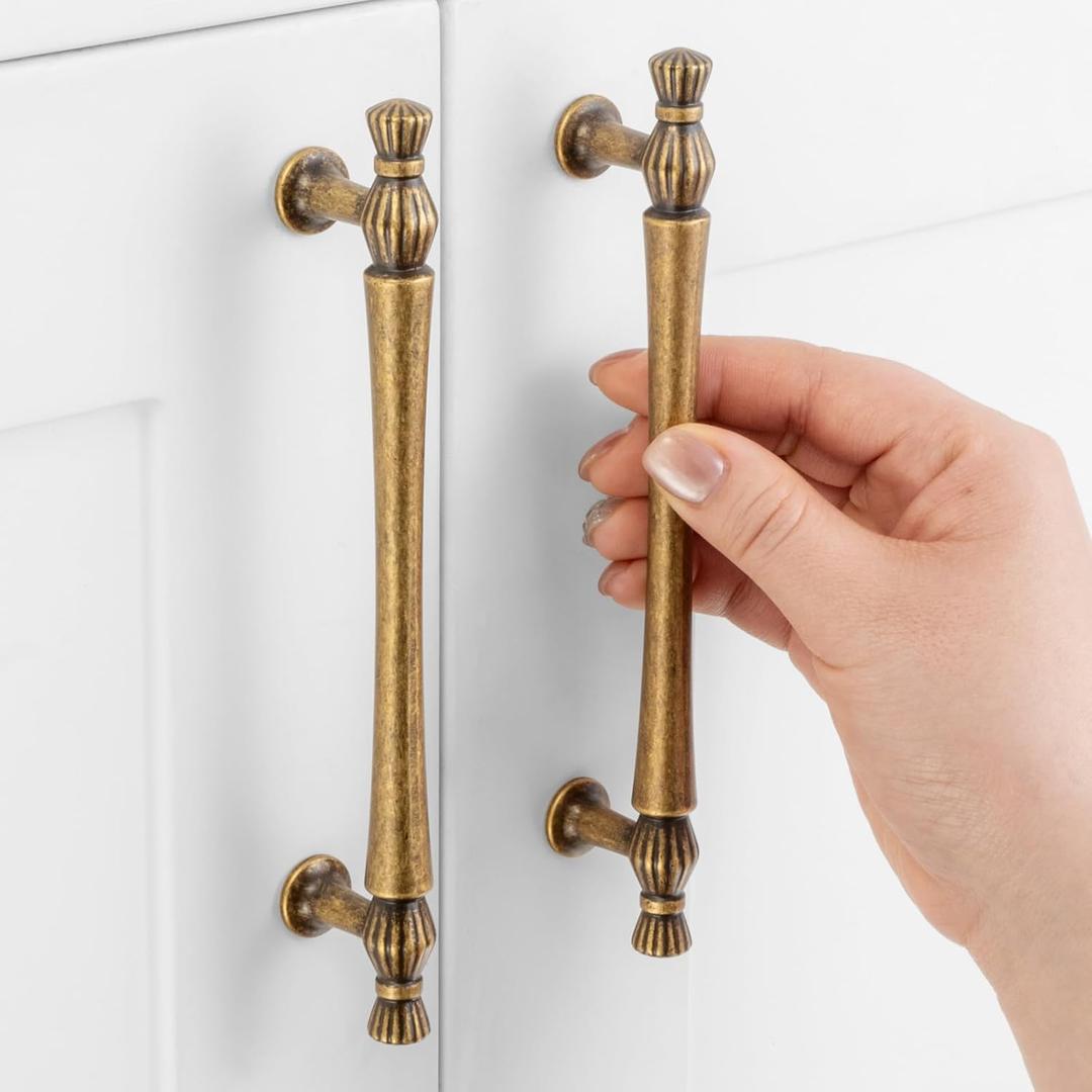 10 Pack 5 Inch Hole Centers, Antique Brass Cabinet Pulls Vintage Brass Cabinet Handles Brass Cabinet Hardware for Cabinets ZP2408 Drawer Dresser Cupboard Bedroom Closet Bathroom Vanity