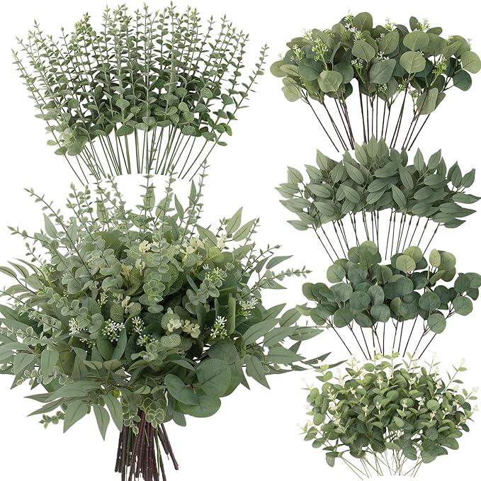130 Pcs Artificial Mixed Eucalyptus Stems Bulk, 5 Kinds of Faux Greenery Eucalyptus Leaves Bulk for Vase Wedding DIY Bouquets Floral Arrangement Home Decor (130, Green)